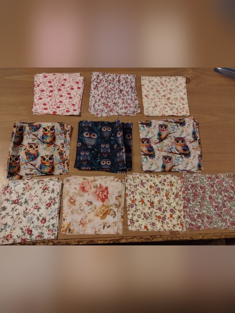 50 Pc Owl & Floral Fabric Squares Lot 4x4 Quilt Fabric Scrap Bundle Sewing Craft